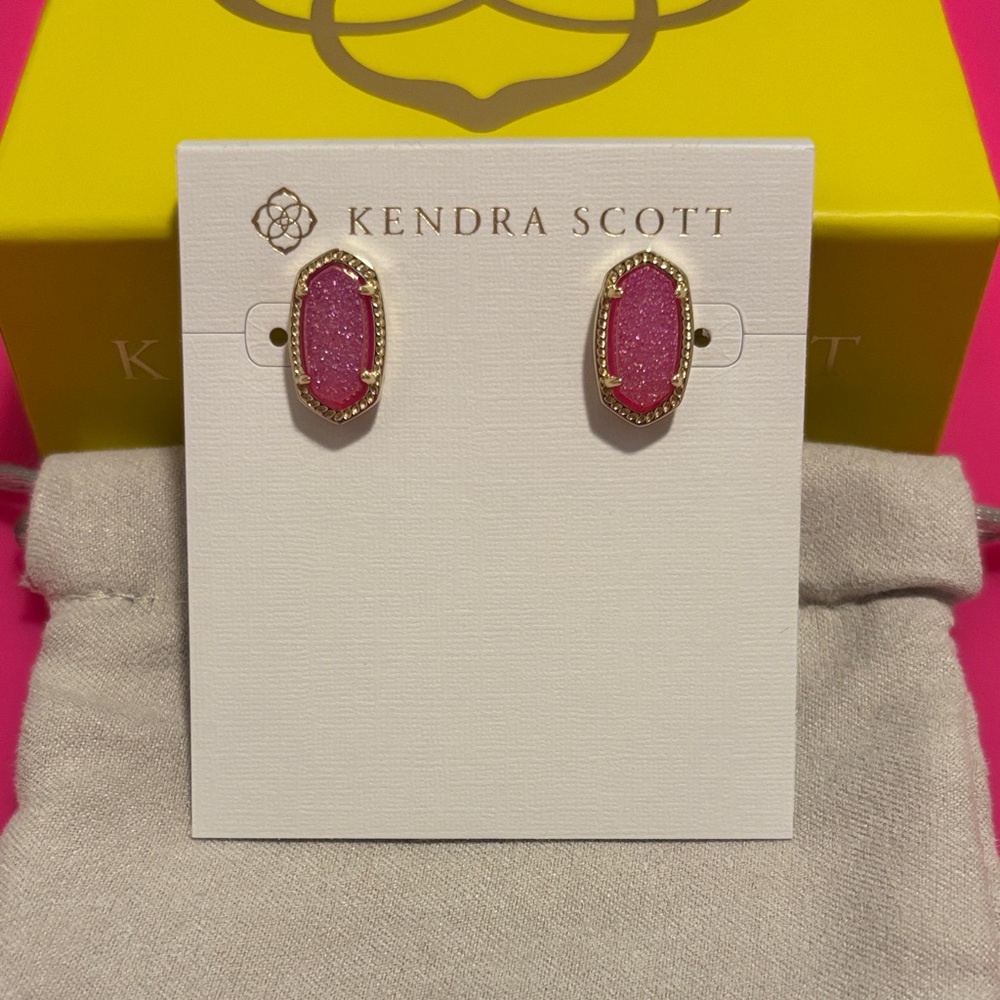 ✨1HR SALE✨ NWT Kendra Scott Ellie Earrings Hot Pink Drusy Gold - Picture 2 of 6